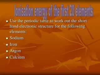 Use the periodic table to work out the short hand electronic structure for the following elements: