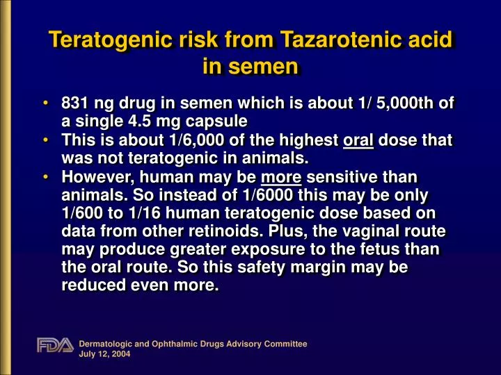 teratogenic risk from tazarotenic acid in semen