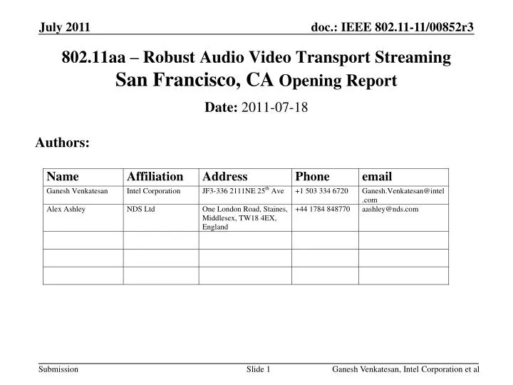802 11aa robust audio video transport streaming san francisco ca opening report
