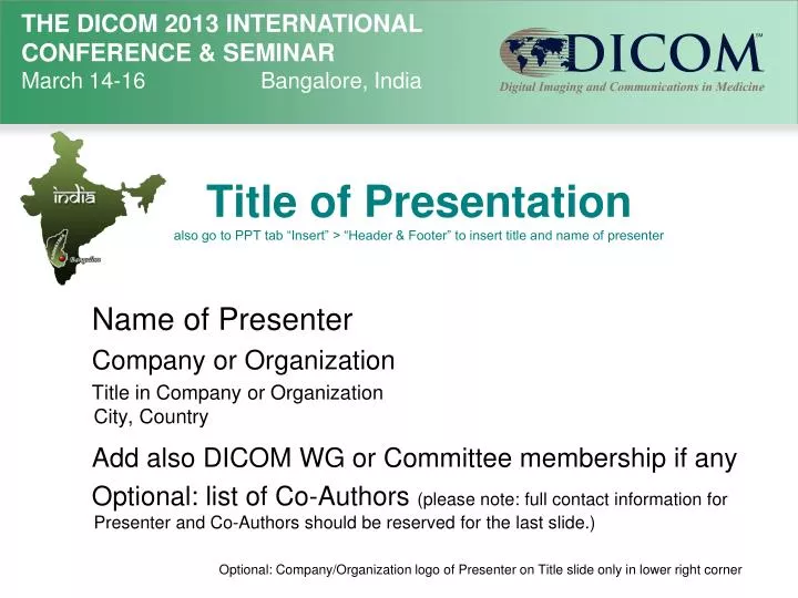 title of presentation also go to ppt tab insert header footer to insert title and name of presenter