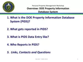 Personal Property Management Workshop Overview: DOE Property Information Database System