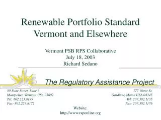 Renewable Portfolio Standard Vermont and Elsewhere