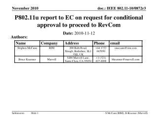 P802.11u report to EC on request for conditional approval to proceed to RevCom