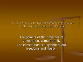 The Constitution is the highest authority in the nation. It is the basic law of the United States