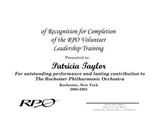 of Recognition for Completion of the RPO Volunteer Leadership Training