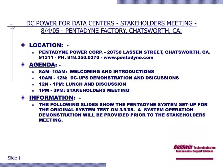 dc power for data centers stakeholders meeting 8 4 05 pentadyne factory chatsworth ca