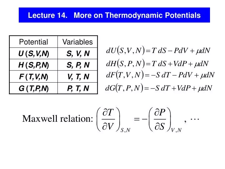 lecture 14 more on thermodynamic potentials