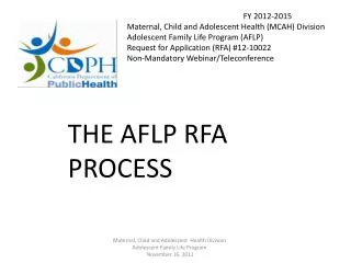 AFLP RFA Teleconference Agenda Introduction General Program Information