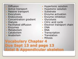 Vocabulary Chapter 4 Due Sept 13 and page 13 Axial &amp; Appendicular skeleton