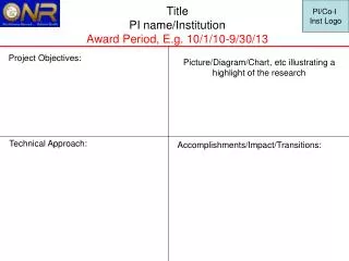Title PI name/Institution Award Period, E.g. 10/1/10-9/30/13