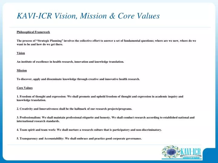 kavi icr vision mission core values