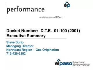 Docket Number: D.T.E. 01-100 (2001) Executive Summary