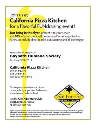 Fundraiser in support of Baypath Humane Society Tuesday, 9/30/2014
