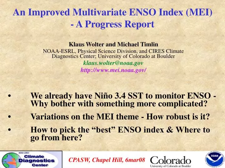 an improved multivariate enso index mei a progress report