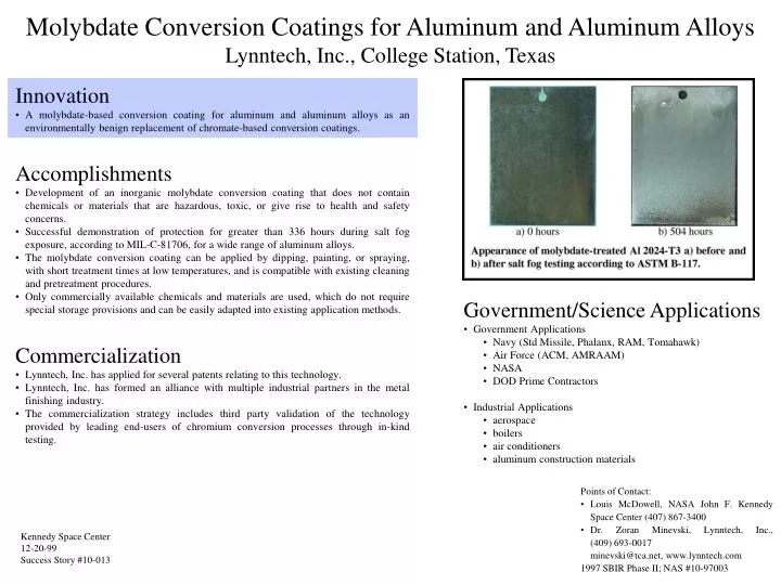 molybdate conversion coatings for aluminum and aluminum alloys lynntech inc college station texas