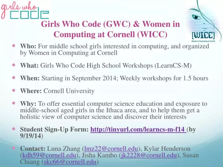 girls who code gwc women in computing at cornell wicc