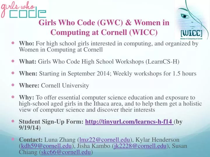 girls who code gwc women in computing at cornell wicc