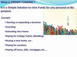 What is CROWD FUNDING ? It is a Simple Solution to raise Funds for any personal or Biz purpose.