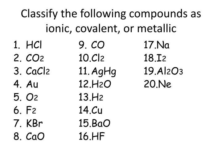 classify the following compounds as ionic covalent or metallic