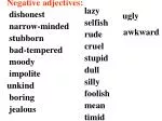 Negative adjectives: dishonest narrow-minded stubborn bad-tempered moody impolite unkind