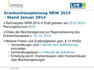 Krankenhausplanung NRW 2015 - Stand Januar 2014