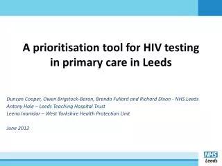 A prioritisation tool for HIV testing in primary care in Leeds