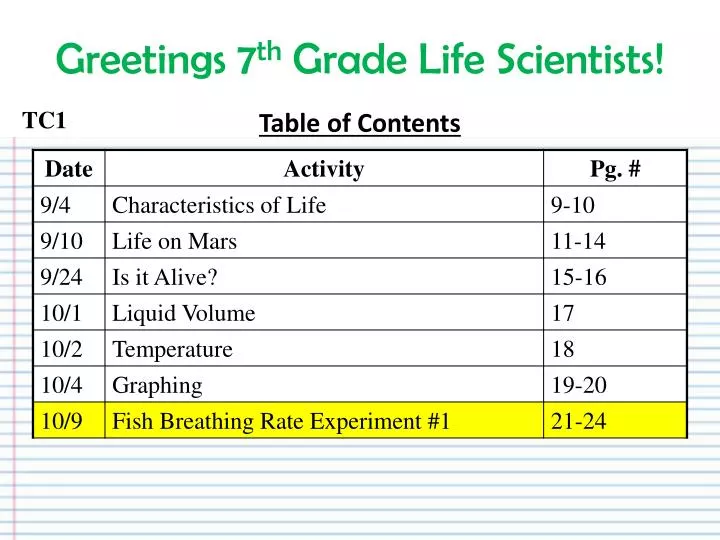 greetings 7 th grade life scientists