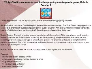 RV AppStudios announces new bubble popping mobile puzzle