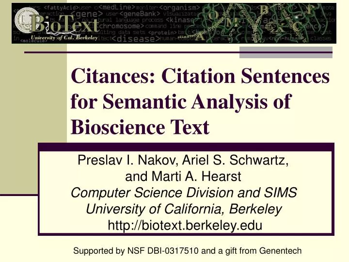 citances citation sentences for semantic analysis of bioscience text