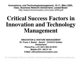 Critical Success Factors in Innovation and Technology Management