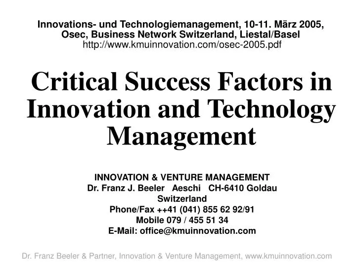 critical success factors in innovation and technology management