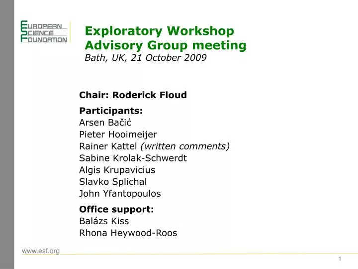 exploratory workshop advisory group meeting bath uk 21 october 2009