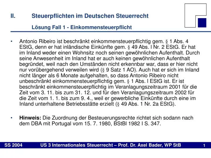 ii steuerpflichten im deutschen steuerrecht l sung fall 1 einkommensteuerpflicht