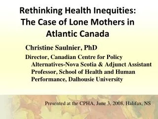 Rethinking Health Inequities: The Case of Lone Mothers in Atlantic Canada