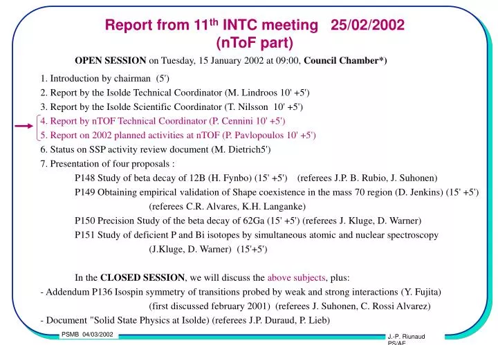 report from 11 th intc meeting 25 02 2002 ntof part