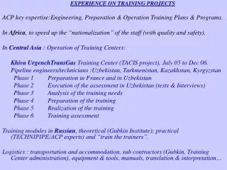 EXPERIENCE ON TRAINING PROJECTS