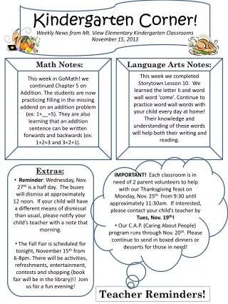 Kindergarten C orner! Weekly News from Mt. View Elementary Kindergarten Classrooms