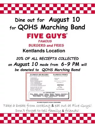 Dine out for August 10 for QOHS Marching Band