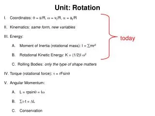 Unit: Rotation Coordinates: ? = s/R, ? = v t /R, ? = a t /R Kinematics: same form, new variables