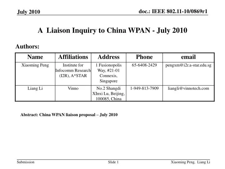 a liaison inquiry to china wpan july 2010