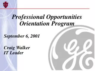 Professional Opportunities Orientation Program September 6, 2001 Craig Walker IT Leader