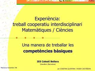 Experiència: treball cooperatiu interdisciplinari Matemàtiques / Ciències