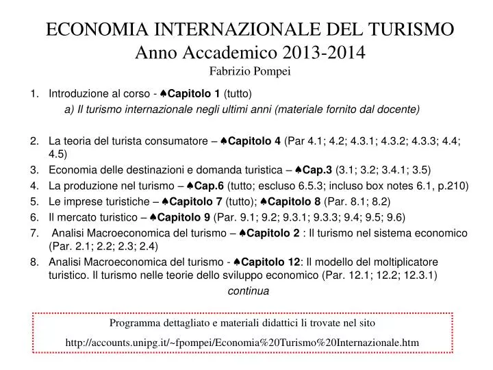 economia internazionale del turismo anno accademico 2013 2014 fabrizio pompei