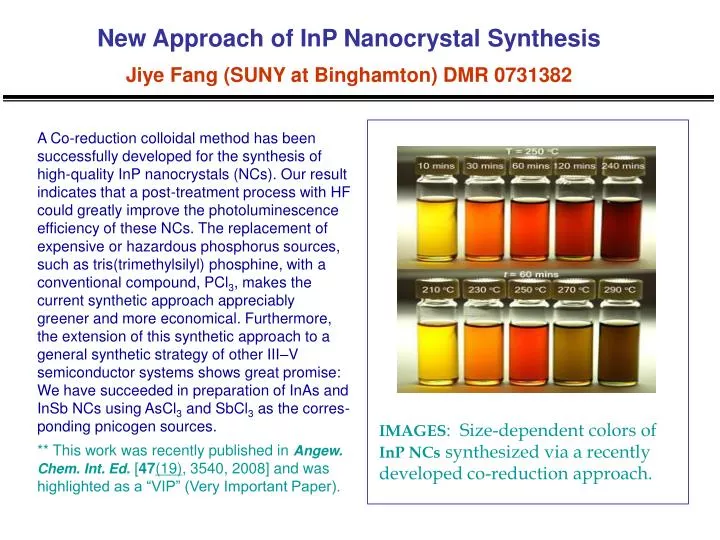 new approach of inp nanocrystal synthesis jiye fang suny at binghamton dmr 0731382