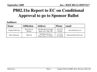 P802.11u Report to EC on Conditional Approval to go to Sponsor Ballot