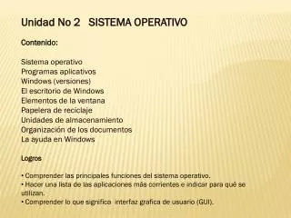 Unidad No 2 SISTEMA OPERATIVO Contenido : Sistema operativo Programas aplicativos