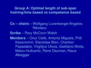 Group A: Optimal length of sub-spec training/time based vs competence based
