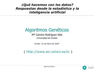 Algoritmos Genéticos Mª Camino Rodríguez Vela Universidad de Oviedo Avilés, 19 de Abril de 2007