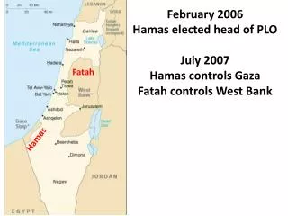 February 2006 Hamas elected head of PLO July 2007 Hamas controls Gaza Fatah controls West Bank