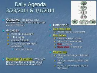 Daily Agenda 3/28/2014 &amp; 4/1/2014